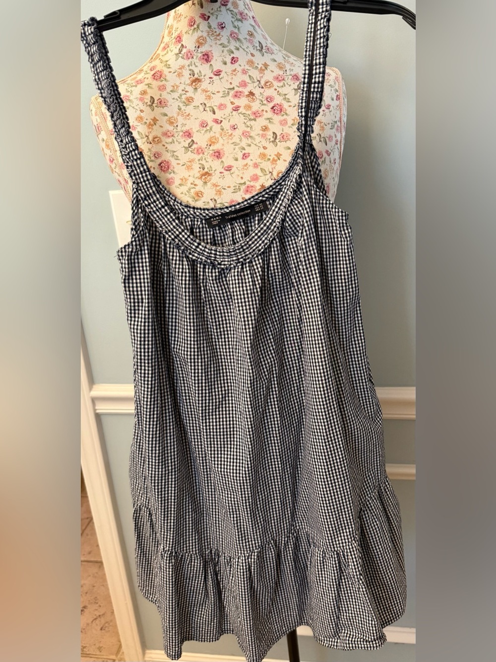 Zara Trafaluc navy and white gingham ruffled camisole dress